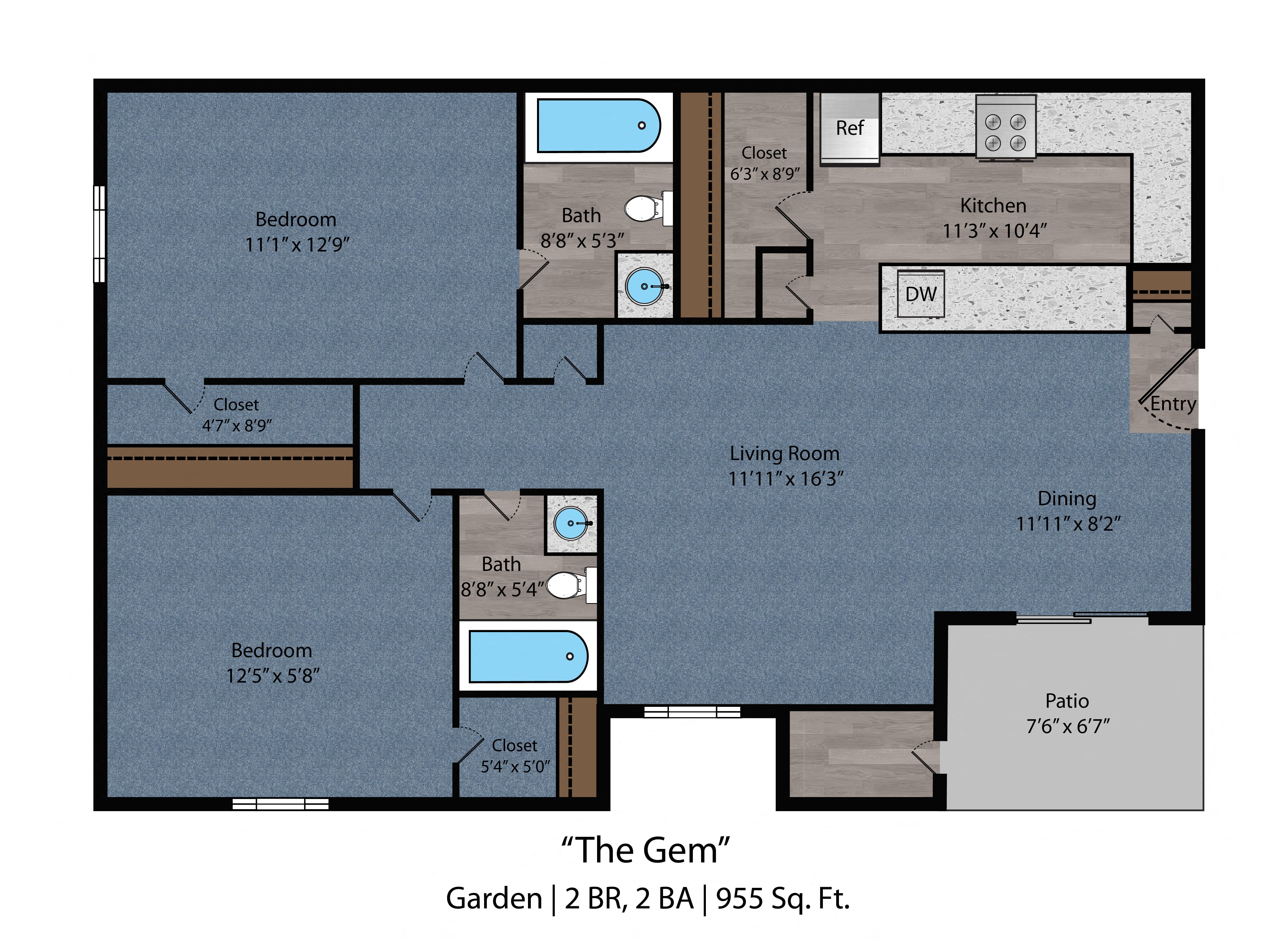 Floor plan for 2 beds, 2 baths, 955 sqft
